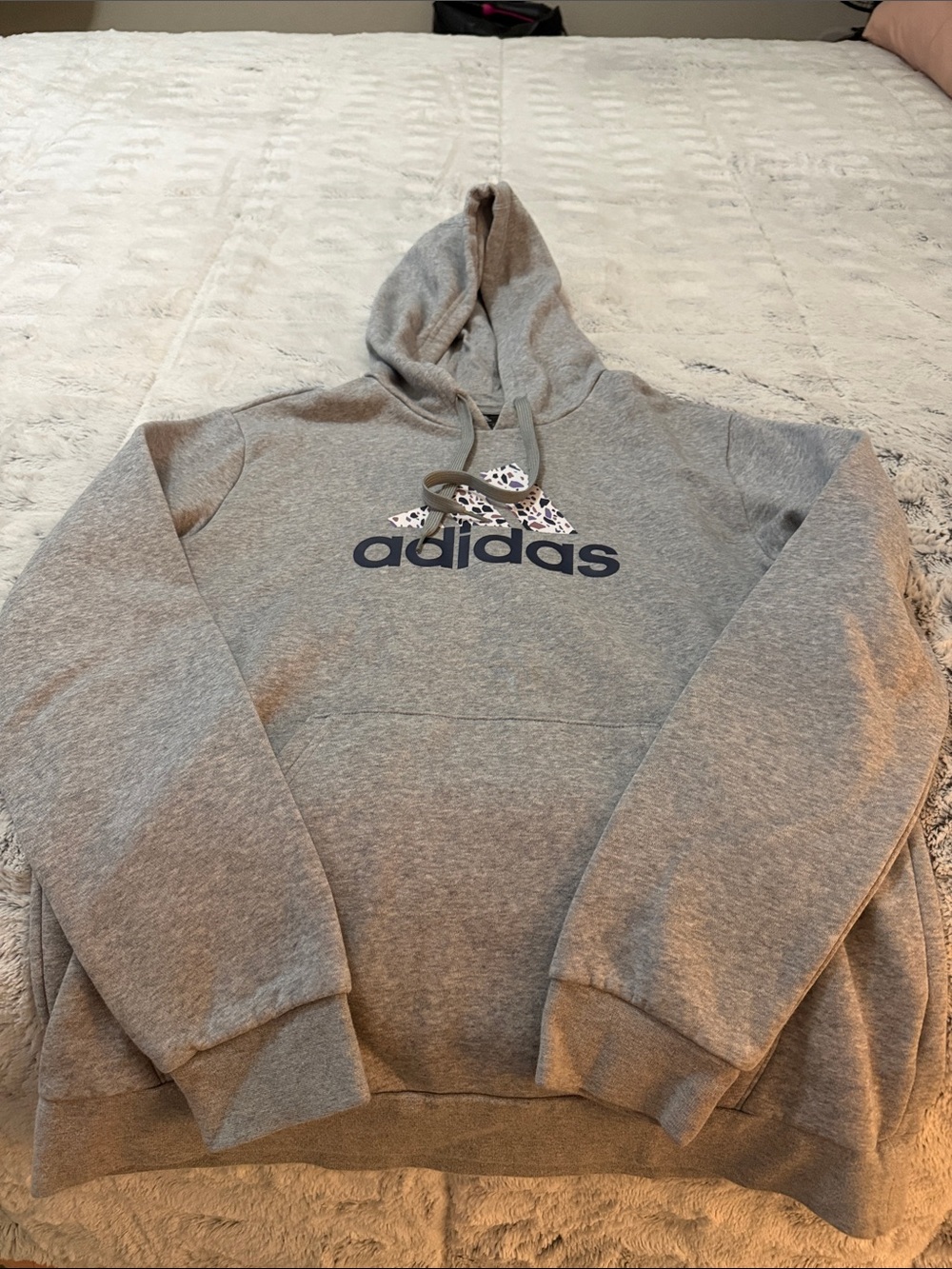 adidas Gray Hoodie with Navy Logo and Patterned Trefoil